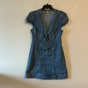 Free People Something Sweet Puff Sleeve Plunge Denim Boho Mini Dress 8 Western